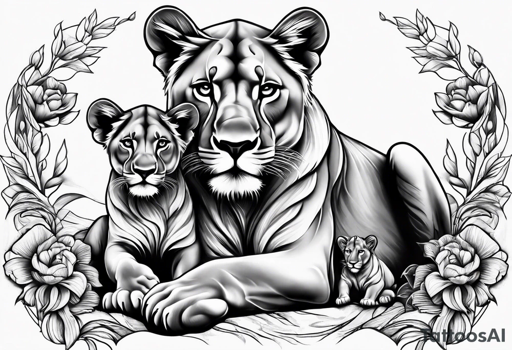 Lioness protecting her two cubs tattoo idea