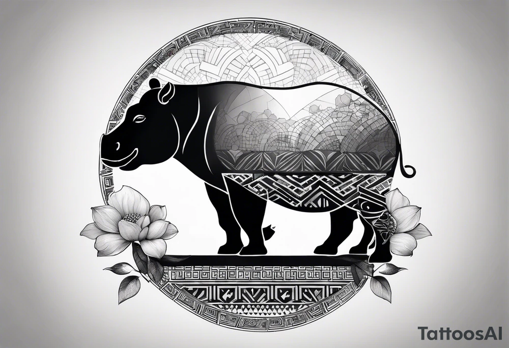 Very asymmetrical, +geometric pattern, with realistic full moon, with hippo at side look, +tribal, +geometric, +inkart , +blackwork, +grey scale, + sketch
with wintersweet flower bud, +inkart touch, +for men tattoo idea