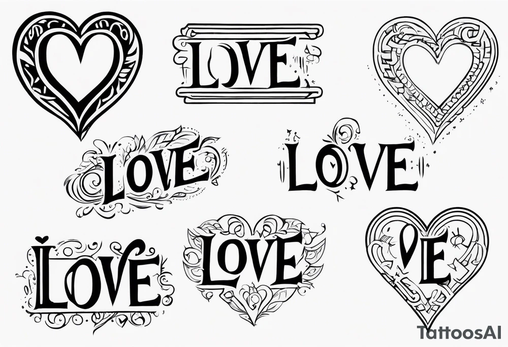 the word love repeated nine times in different fonts tattoo idea