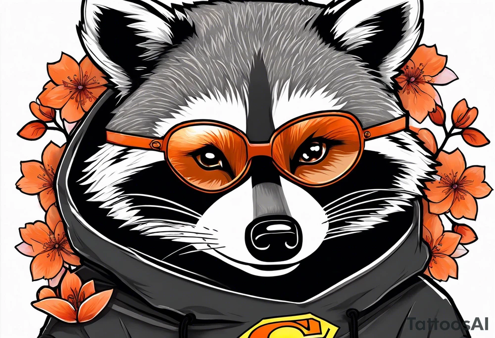 Raccoon wearing a white Superman logo on a black hoodie and orange Japanese cherry blossoms beside tattoo idea