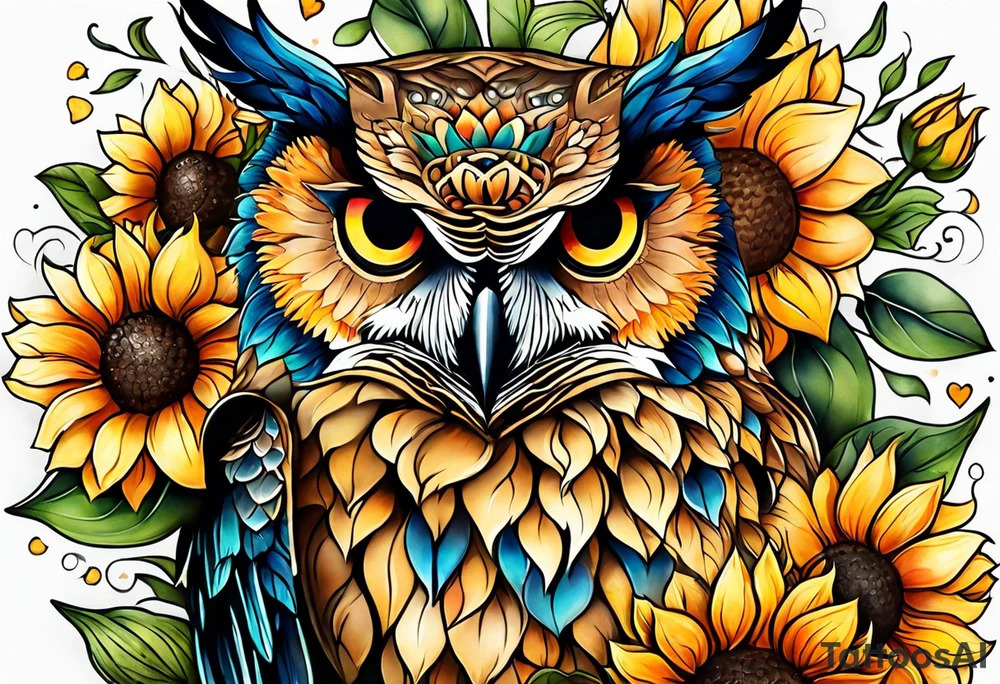 Leg sleeve with colorful sunflowers and an owl tattoo idea