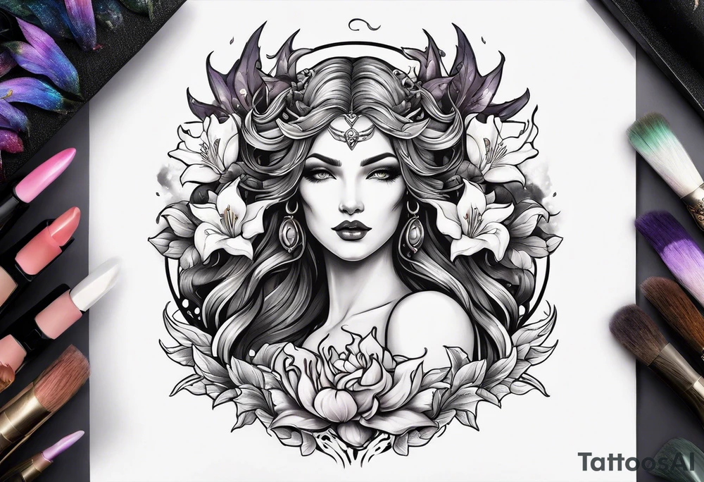 a profile of the demon goddess lilith holding a serpent surrounded by lilies tattoo idea