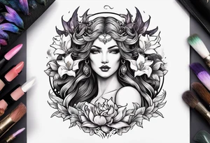 a profile of the demon goddess lilith holding a serpent surrounded by lilies tattoo idea