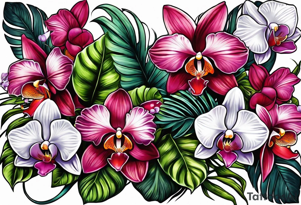 Tropical plants and orchids sleeve tattoo idea
