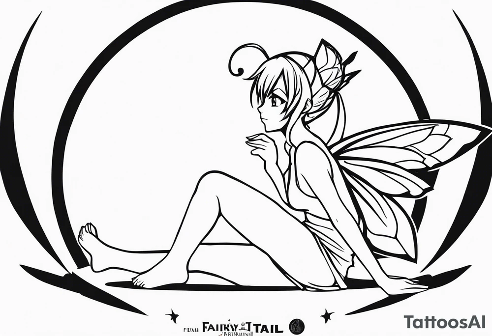 No color sketch of a fairy with a tail inspired by the guild symbol in the anime show called Fairy Tail in a fetal position leaning in and forward while crawled in tattoo idea