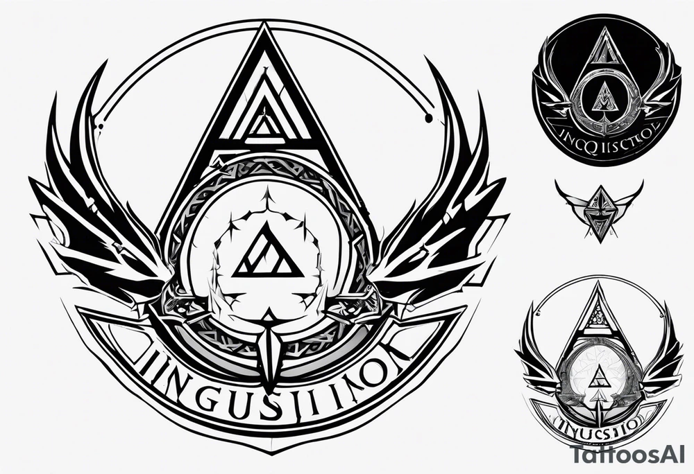 generate a tattoo design combining the dragon age inquisitor logo, the triforce from the zelda series and inclusion from the halo game series tattoo idea