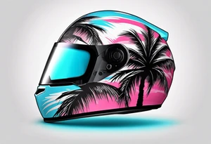 Formula 1 helment with a palm tree and black pink and light blue color tattoo idea