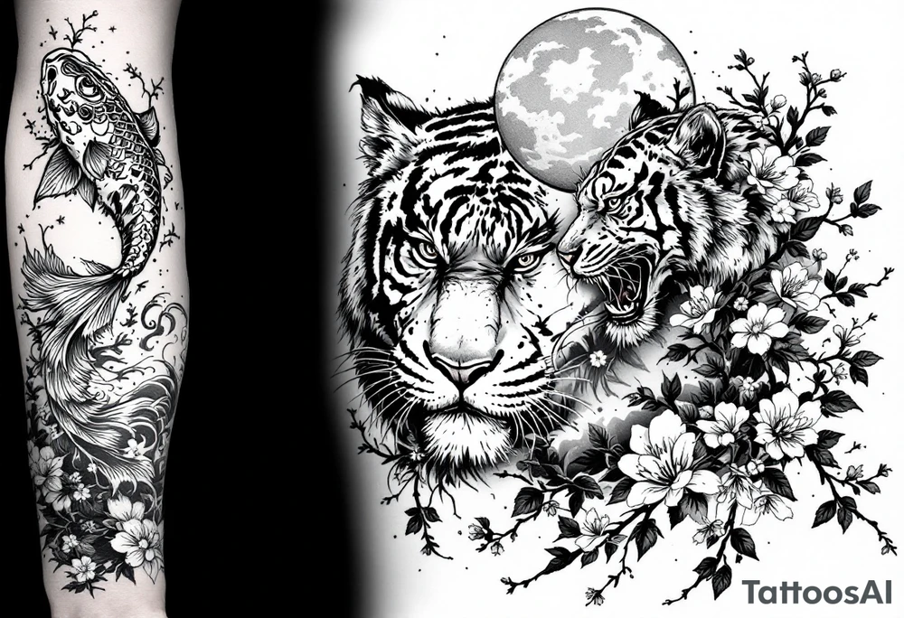 Full arm sleeve, one koi fish, one tiger, the sun, cherry blossom filler, beautiful tattoo idea