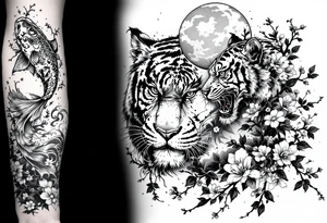 Full arm sleeve, one koi fish, one tiger, the sun, cherry blossom filler, beautiful tattoo idea