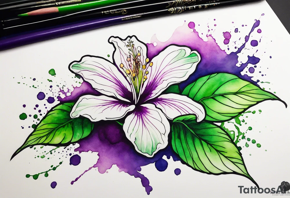 An outline of an only green rio dipladenia flower and a green and purple watercolor splash in the background tattoo idea