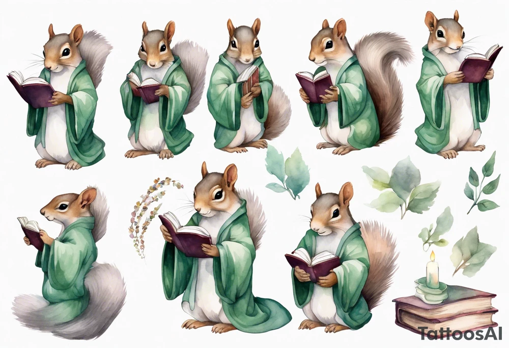 a grey squirrel with long feminine hair and a sage green robe, holding a magic book tattoo idea