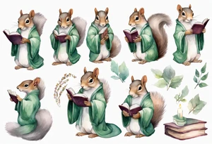a grey squirrel with long feminine hair and a sage green robe, holding a magic book tattoo idea