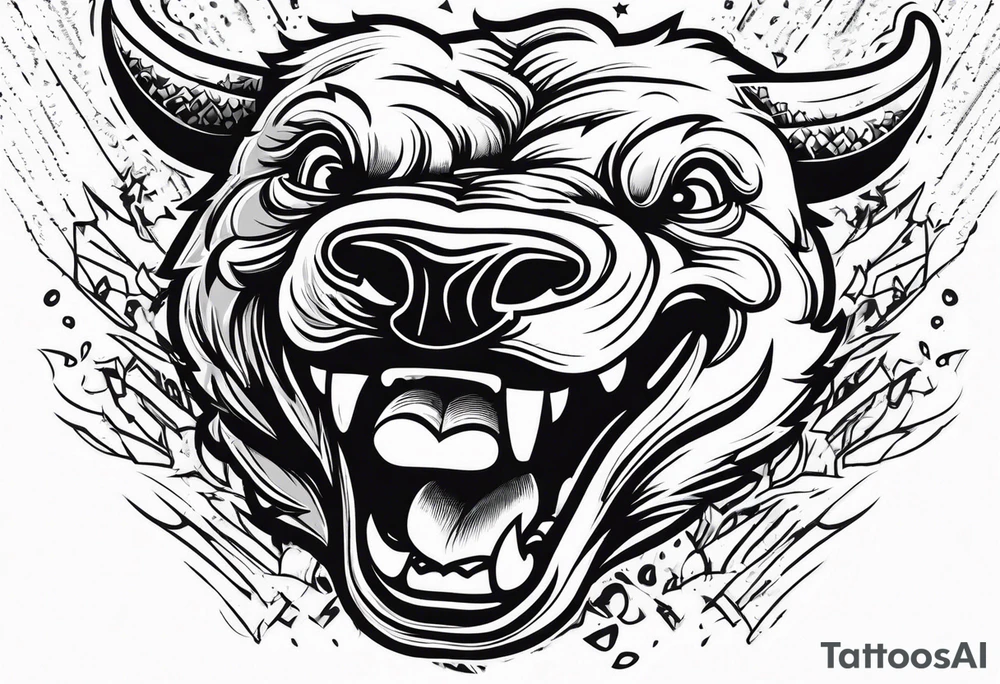 raging bull head busting through crowd tattoo idea