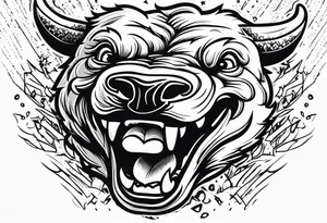 raging bull head busting through crowd tattoo idea