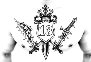 Family crest from Ireland with the Number 13, The Toledo Mudhens Baseball Team, And Demonic And Midevel dagger Featurs Made Into a full chest tattoo tattoo idea