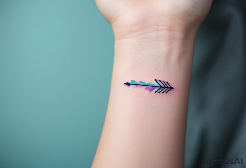 A thin, geometric arrow in soft watercolor shades of blue and purple, creating a dreamy, ethereal effect. tattoo idea