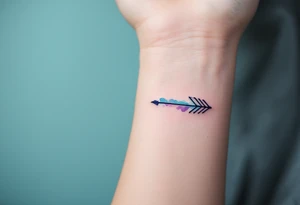 A thin, geometric arrow in soft watercolor shades of blue and purple, creating a dreamy, ethereal effect. tattoo idea