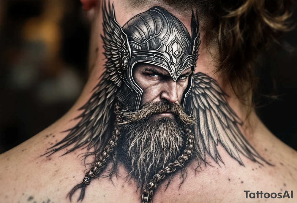 A portrait of Thor wearing a detailed winged helmet, his beard braided with small metallic rings, in hyper-realism with silver and dark brown tones. tattoo idea