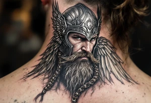 A portrait of Thor wearing a detailed winged helmet, his beard braided with small metallic rings, in hyper-realism with silver and dark brown tones. tattoo idea