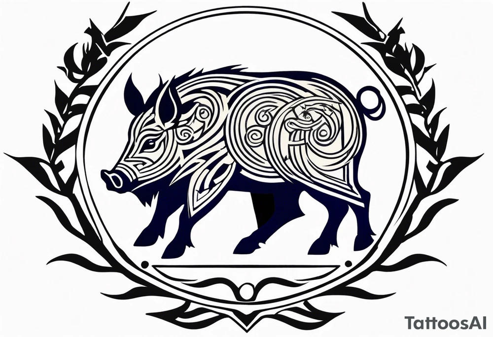 Side profile, Celtic, tribal, wild boar, On a Chatwin family crest with blue background, two gold stars, and a gold Chevron, and a Thistle. With bold black tribal lines. ancient Celtic, tribal boar tattoo idea