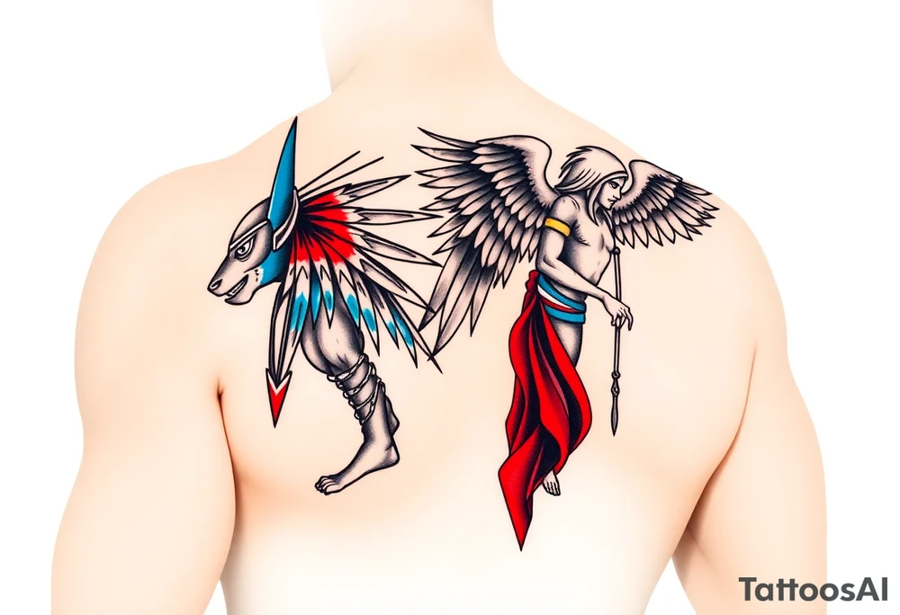 Anubis and a Guardian Angel Back to Back (only red , blue and black are possible colors) tattoo idea