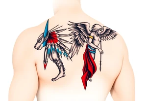 Anubis and a Guardian Angel Back to Back (only red , blue and black are possible colors) tattoo idea