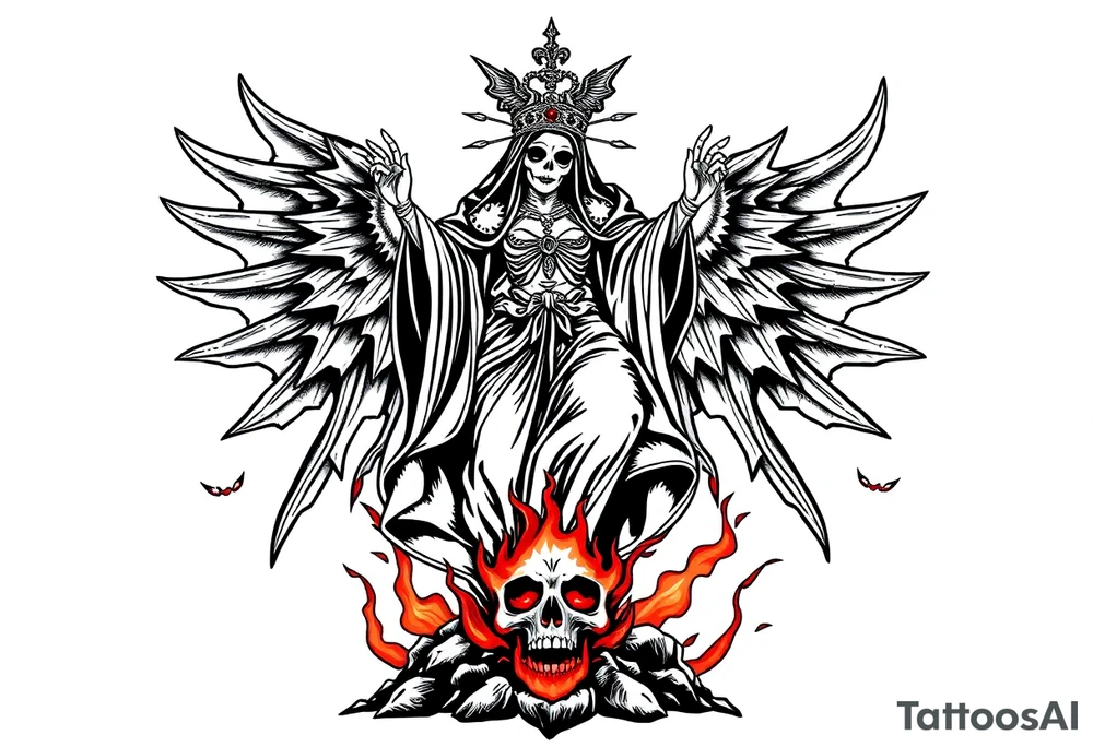 Magnificent Santa muerte rising out of the ashes of hell to claim a soul tattoo idea