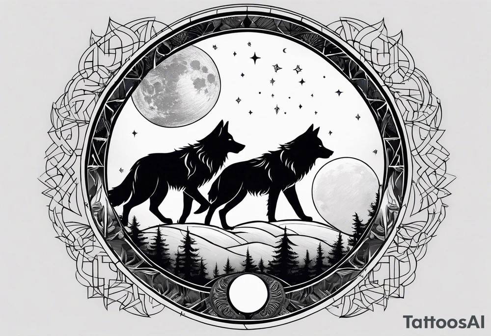 Two wolves—Sköll and Hati—one chasing the sun and the other chasing the moon. You could position them on opposite sides of a circular design with the sun rising and the moon setting at the top and bottom. tattoo idea