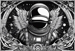 Craft an intricate black and white tattoo design inspired by the themes and imagery from Ray Bradbury's "Cosmonaut" and the poignant lyrics of Elton John's "Rocket Man." tattoo idea