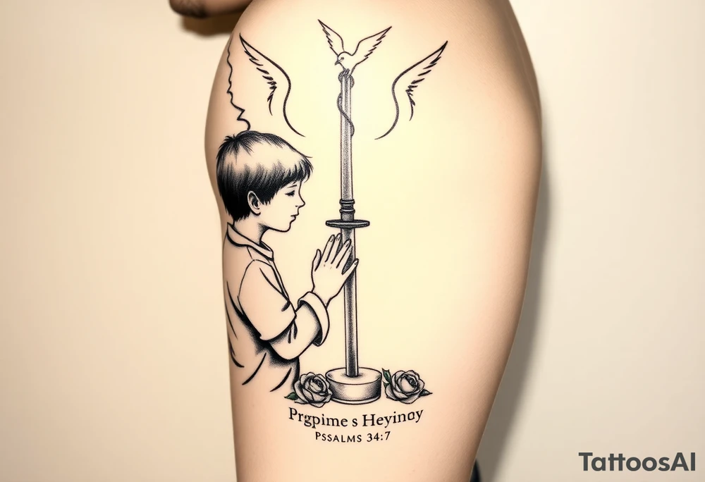 A boy praying in front of a candle casting a shadow in behind him. A guardian angel stands behind him holding a sword pointing into the ground, above the angel are barely visable demons, below everything is the bible verse Psalms 34:7. A rose and dove should be incorporated as well as gothic and fine line tattoo work. tattoo idea