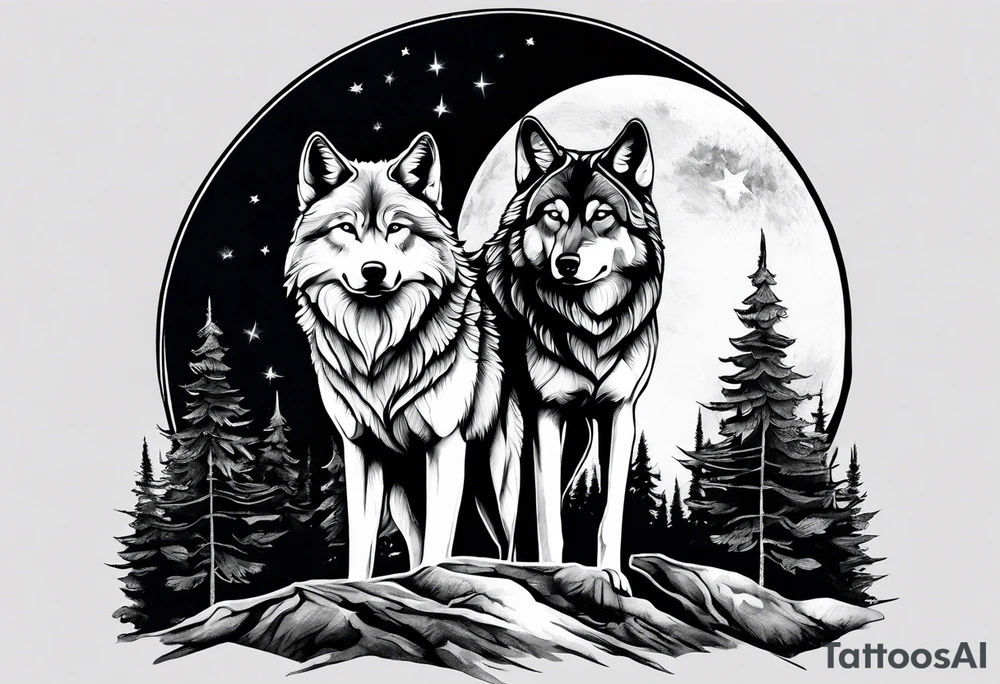 Mountain peaks
Two wolves sitting at end of trail
Moon
Dark woods tattoo idea