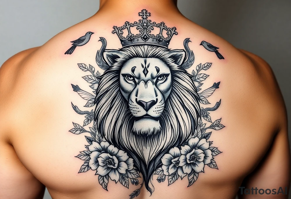 powerful majestic lion with a crown, surrounded by floral ornaments and birds tattoo idea
