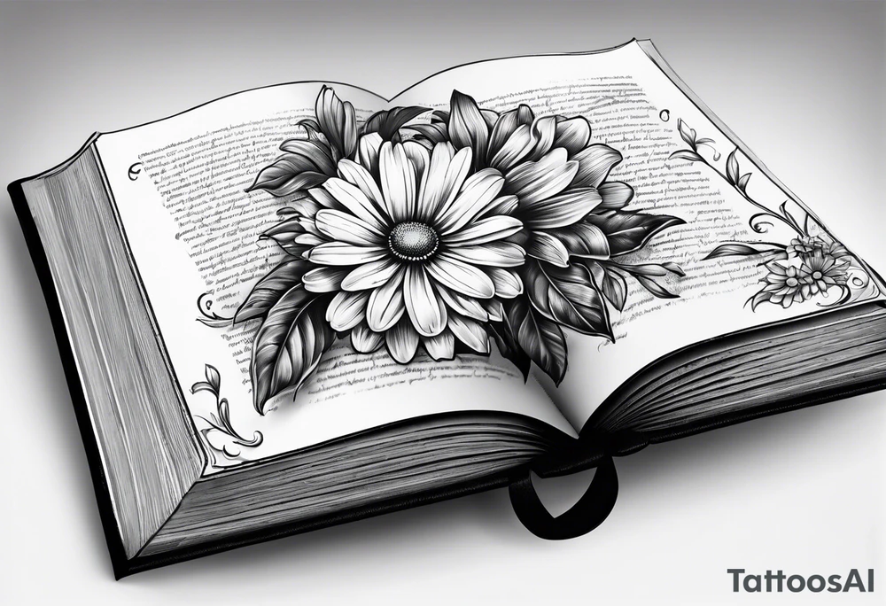 open book with a daisy bouquet tattoo idea