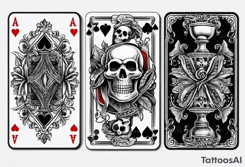 Skeleton hang holding out two playing cards, 8 of spades and 7 of spades tattoo idea