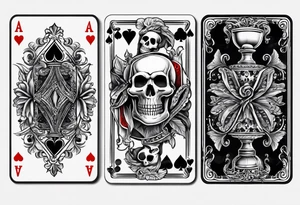 Skeleton hang holding out two playing cards, 8 of spades and 7 of spades tattoo idea