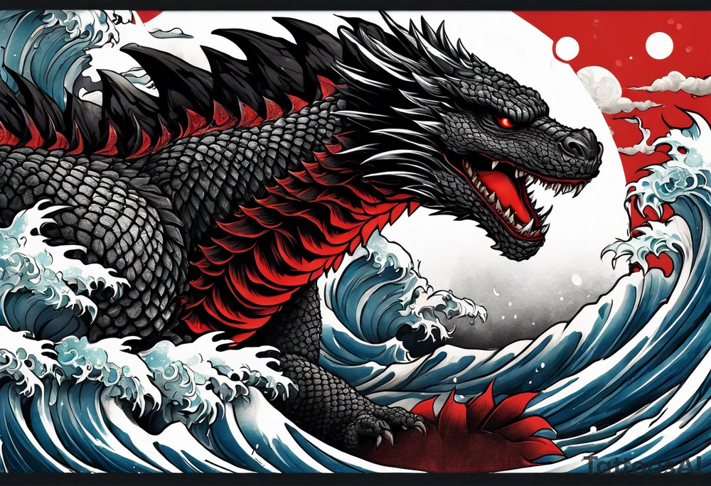 godzilla inspired dragon irezumi arm sleeve in black and red with water and lightning tattoo idea