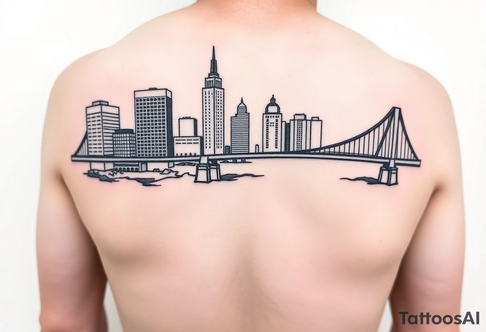 design a linework tattoo for the pittsburgh full marathon that i can get vertically on the back of my calf right below the knee pit. include the buildings in pittsburgh and one of the pittsburgh bridges tattoo idea