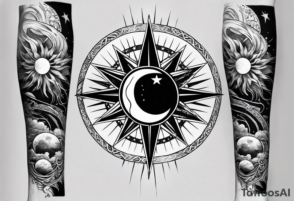 Collage for full left arm sleeve with:
a sun with a quarter moon, 
2 stars,
bass guitar, 
caduceus symbol tattoo idea