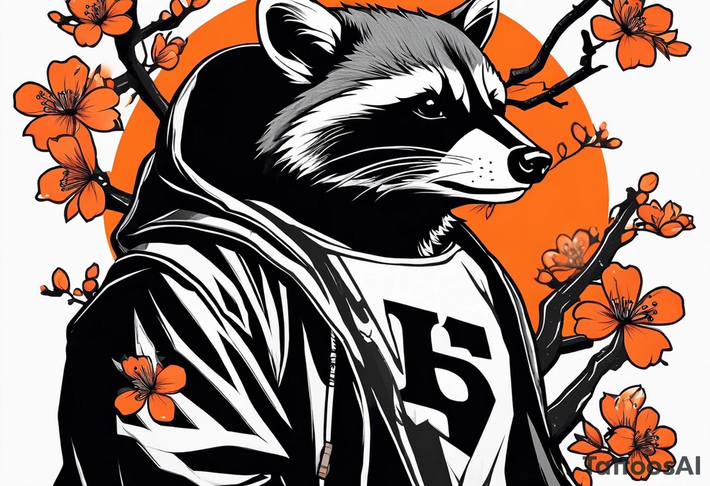 Raccoon wearing a white Superman logo on a black hoodie and orange Japanese cherry blossoms beside tattoo idea