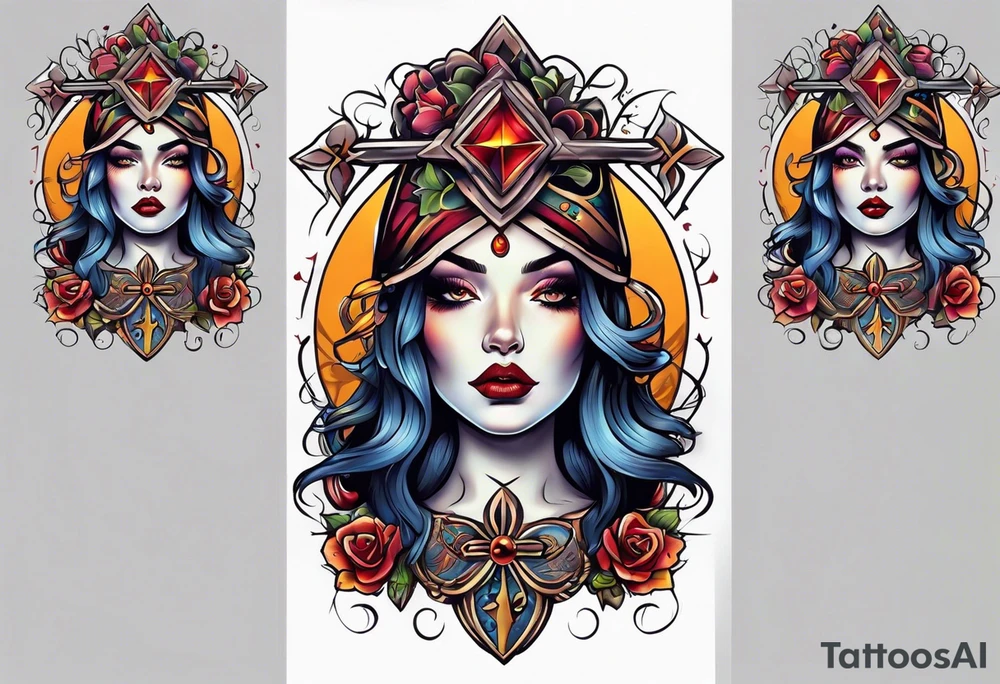 Bright bold Neo traditional tattoo witch with Crosses for eyes tattoo idea