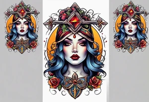 Bright bold Neo traditional tattoo witch with Crosses for eyes tattoo idea