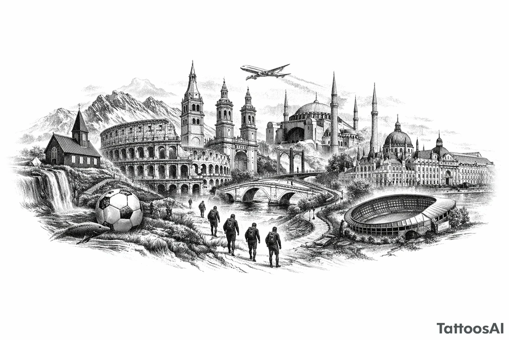 Iceland x3 (sindri, ibv, stjarnan) Italy x2 (Verona, Sassuolo) Spain (Logrono) Turkey x2 (Fenerbahce, Besiktas) Hungary (Fradi) France (Bordeaux) Something to do with football journey, surreal style to fit on arm forearm or inner bicep no crests just main attractions of each country tattoo idea