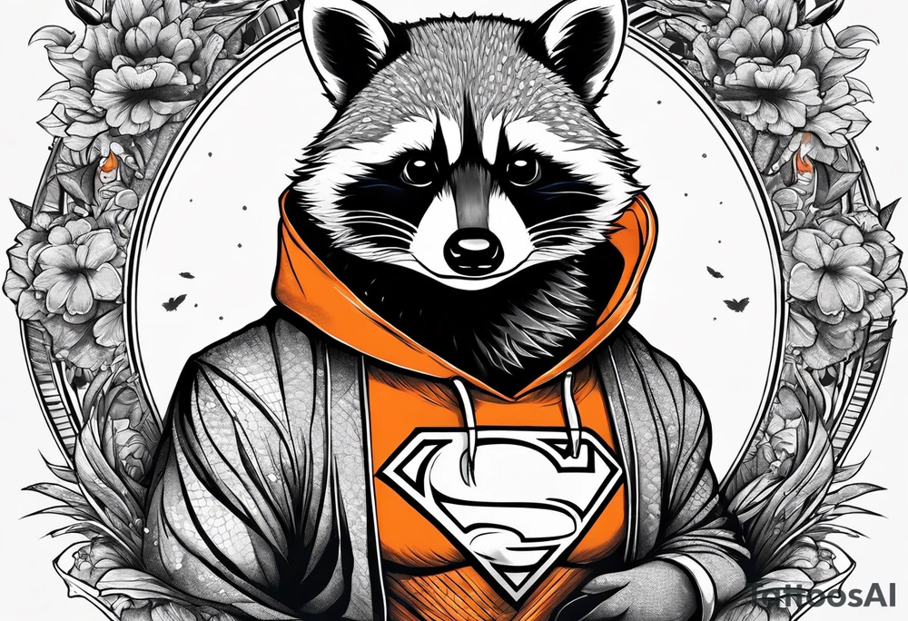 Raccoon wearing an orange Superman hoodie tattoo idea