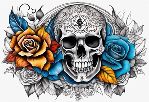Front knee tattoo with fall colors, small flowers, rose, satanic skull, leaves, blue water flows with washes and background, Powell Peralta logo tattoo idea