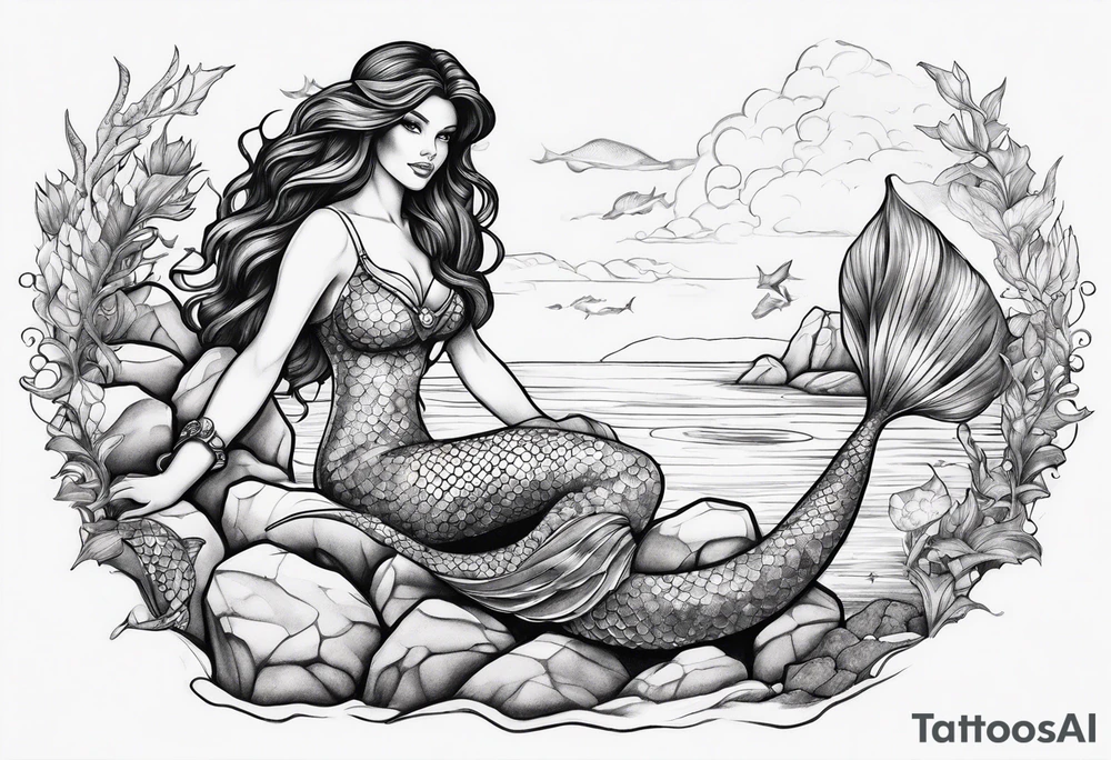 Brunette mermaid on rock tattoo idea
