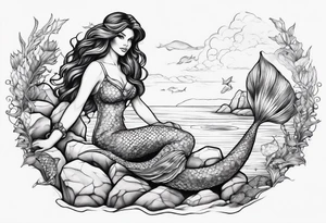 Brunette mermaid on rock tattoo idea