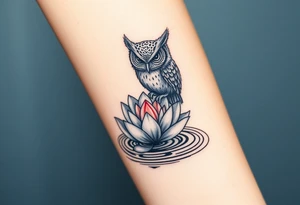A wise owl grabbing a serene lotus flower that's emerging from sacred waters with ripples tattoo idea