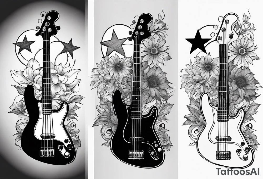 Tattoo full left arm with a collage of a bass guitar, mickey mouse silhouette, caduceus symbol, two stars and the sun with a moon with no flowers or buildings tattoo idea