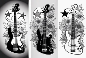 Tattoo full left arm with a collage of a bass guitar, mickey mouse silhouette, caduceus symbol, two stars and the sun with a moon with no flowers or buildings tattoo idea