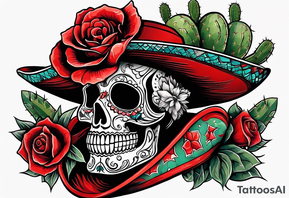 day of dead, red rose, Mexican hat, without skull, cactus tattoo idea